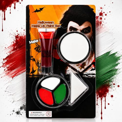 Halloween Trucco Bianco Rosso Verde per Viso, Pittura per Viso Durevole, Body Painting, Sangue Finto Halloween Effetti Speciali Trucco, Colori Trucco Viso per Halloween, Carnevale, Natale, Pasquale