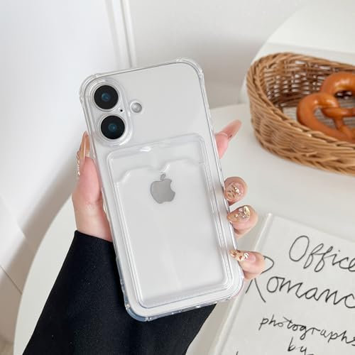 DEFBSC Compatible with iPhone 16, Transparent Back Card Holder Phone Case, Ultra Slim Soft TPU Shockproof Clear Case with Card Slot for Back of Phone, White