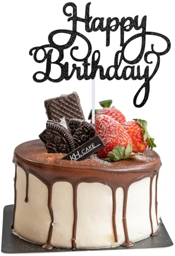 Happy Birthday Cake Topper Glitter Cake Pick Decorations Sign for Celebrating Birthday Anniversary Party Supplies, Black