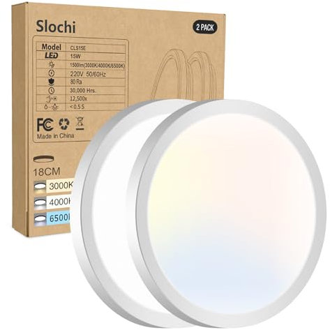 slochi Plafoniera LED Soffitto, 3000K/4000K/6500K IP44 Impermeabile Lampada da Soffitto, 1500LM 15W Plafoniera Bagno per camera da letto, Cucina, Soggiorno, Balcone, Ø18cm,2 Pezzi