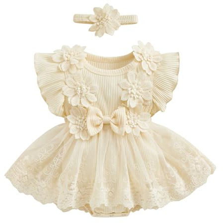 LYSINK Nyfödd baby flicka sparkdräkt 2 st set kortärmad mesh tutu klänning blomma spets volang overaller klänning med pannband, Ba aprikos, 3-6 månader