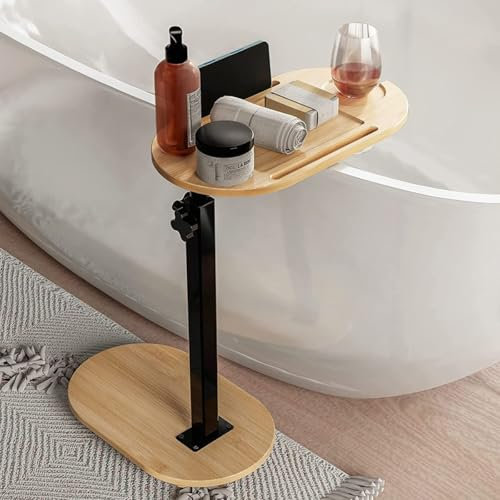 CHZIMADE Bamboo Bathtub Tray Table with Adjustable Height Sofa Tub End Table Bed Side Table for Living Room Sofa Couch Bedroom
