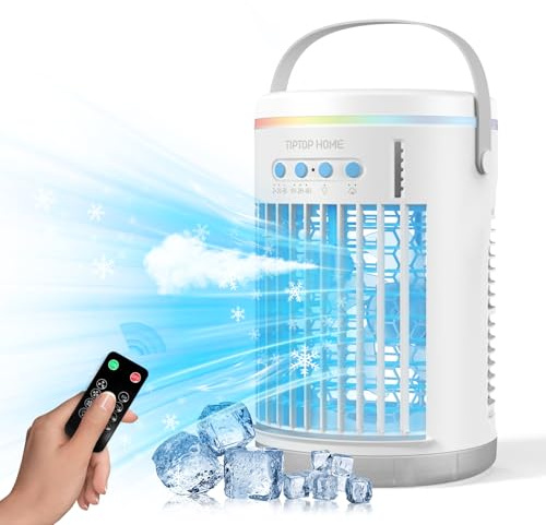 Aire Acondicionado Portátil, Enfriador de Aire 5 en 1, 1400ML Tanque, Climatizador Evaporativo, Temporizadores de 1-4H, 2 Modos 3 Velocidades, con Control Remoto, para Hogar Oficina
