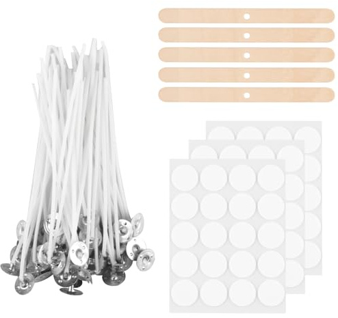 Kerzendochte, 100 STK Kerzendochte für Kerzen, 5cm Natürlichen Kerzendochten mit Dochthalter Holz und Doppelseitige Docht Aufkleber, für Kerzenherstellung