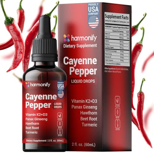 HARMONIFY Cayenne Pepper Liquid Drops with Vitamin D3 & K2, Hawthorn, Beet Root, Turmeric, Panax Ginseng, Berberine & Ceylon Cinnamon - Quality Supplement for Daily Wellness - 2 fl oz (60mL)