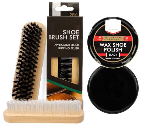 2 Shoe Brush Set & Black Polish - Traditional Wooden Handle Brushes For Cleaning, Polishing Leather Shoes & Boots, Buffing, Soft & Stiff Bristles (Shoe Brushes & Polish)
