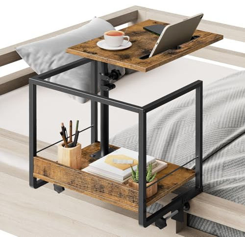 YATINEY Bedside Shelf, Bed Shelf with 360° Rotating and Height-Adjustable Tray, Drom Side Tray Table, Nightstand with Storage for College, Bedroom, Rustic Brown and Black