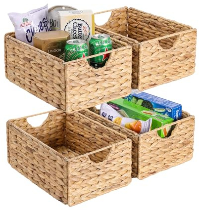 Water Hyacinth Pantry Baskets Set of 4, 12.5 x 9.5 x 6in Wicker Storage Baskets for Shelves, Pantry Baskets, Bathroom Shelves Storage Basket