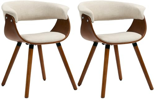 HOMCOM Lot de 2 chaises de Salle à Manger avec Pieds en Bois Massif Beige | Chaises de Cuisine Rembourrées, Dossier Incurvé, Tissu Effet Lin, pour Salon, Maison