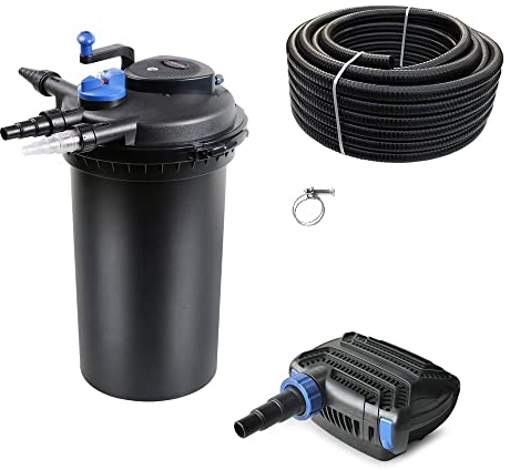 AquaOne Teichfilter Set mit Teichpumpe I Filteranlage CPF-15000 für einen Teich bis 30.000 Liter I Komplettset mit UV Lampe Eco Pumpe 30 Watt Teichschlauch Nr. 29