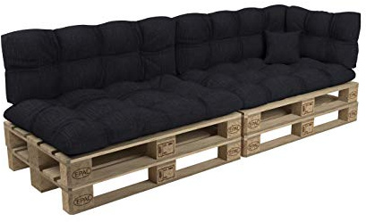 POKAR pallkuddar, set om 6 med vacker quiltning, lock: 2x sittdynor 120x80cm + 2x ryggdynor 120x40cm + 1x sidokuddar 60x40cm + 1x kudde 40x40cm, pallsoffa, utan pallar, svart