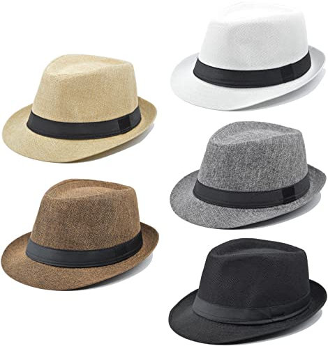 Gionforsy 5 Pack Mens Fedora Hat Classic 1920s Hat Short Brim Fedora Hats Summer Beach Panama Hat for Men Women (5pack-Mixed Dark Color)