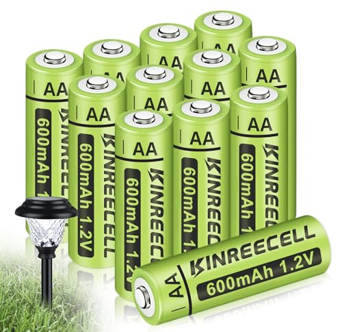 KINREECELL Rechargeable AA Batteries, Ni-MH Double A Solar Batteries True Capacity 1.2V Pre-Charged for Solar Lights, String Lights, Solar Pathway Lights (AA-600mAh-12pack)
