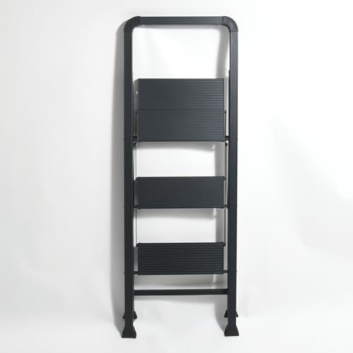 MSV Caminador 3 escalones, Plegable, Escalera Ligera, de Acero, máx. 150 kg, Revestimiento Antideslizante de los Pasos, Patas de Goma, Compacto, 62 x 42,5 x 108 cm, Negro Mate, aleado