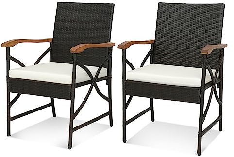 KOMFOTTEU 2er Rattanstuhl Set, Terrassenstuhl mit X Design Armlehnen aus Holz, Gartenstuhl mit abnehmbarem Kissen, Balkonstuhl bis 180 kg belastbar für Balkon Terrasse Garten