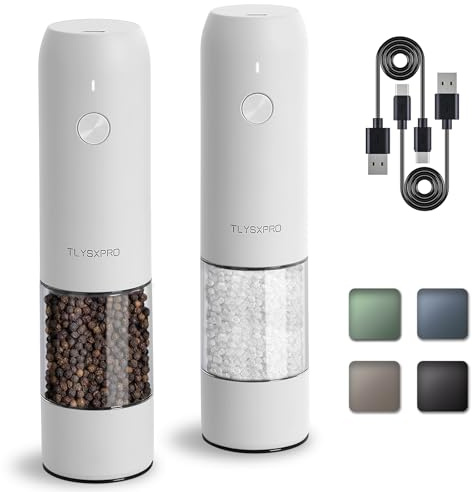 TLYSXPRO Juego de Molinillo Pimienta Eléctrico y Salero, Recargable por USB, Molinillo de Salero y Pimentero con Granulometría Ajustable, Salero y Pimentero Eléctrico, Luz LED (2 Piezas, Blanco)