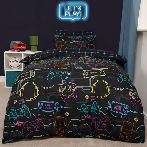 OHS Kids Double Duvet Set Gaming Bedding, Gaming Gifts for Boys Super Soft Warm Comfy Polycotton Boys Bedding Stylish Reversible Double Quilt Cover with Pillowcases, Black