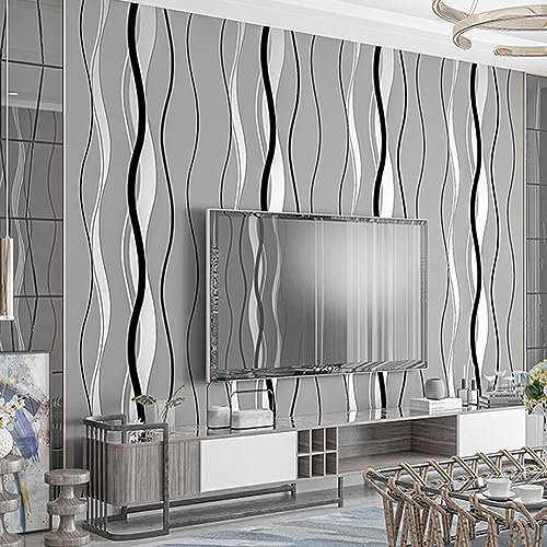 Warmiehomy Non-Woven Wallpaper Flocking 3D Wallpapers 4 Pack x 53cm x 9.5m Minimalism Wavy Stripe Wall Covering for Living Room Bedroom Home Decoration