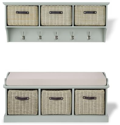Tetbury Hallway Furniture Set, Storage Bench W112 H46 D40cm, Hanging Shelf W113 H43 D28cm | Cushion Seat, Durrable & Washable Baskets | Fully Assembled (sage green)