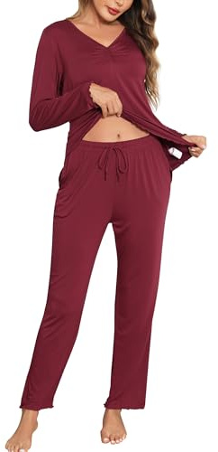Wikoan Dampyjamasset, varm 2 delar V-ringad långärmad mjuk pyjamasöverdel med ficka, pyjamasset, S-XXL, Vinröd, XL