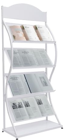Fridgestea Curved Freestanding Brochure Display Stand, 4-Tier Magazine Rack, S-shaped Book Holder, Newspaper Leaflet Dispenser for Office, Trade Show, Exhibition, Bookstore (White)