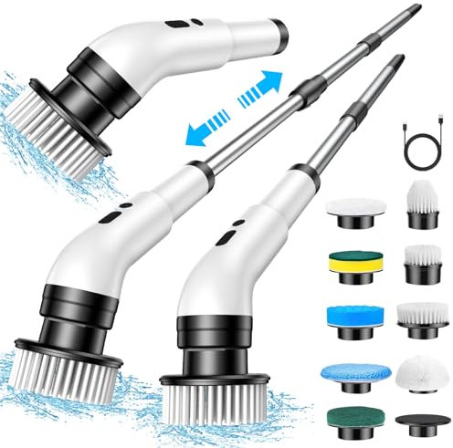 Spazzola elettrica per la pulizia, 9 in 1, spazzola elettrica per la pulizia domestica, 2 modalità, Spin Scrubber Electric Cleaning Brush con 34-130 cm, spazzola per il bagno (White)