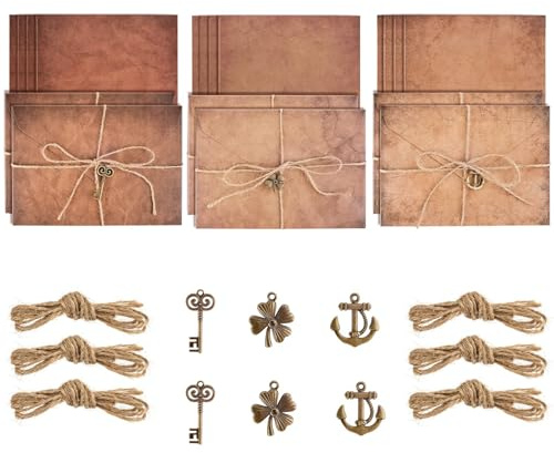 Vintage Envelope Set,12 PCS Aged Paper 6 Retro Design Envelopes 6 Metal Accessories 6 Hemp Rope Retro Design Envelopes Brown Handmade Gifts for Writing Birthday Christmas
