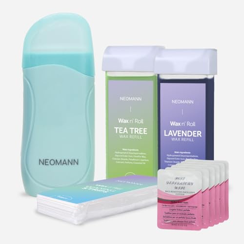 NEOMANN Kit di cera roll on per depilazione con 2 cartucce | 50 strisce di cera rullo per depilazione - rosa con 6 trattamenti post-cera (torchese, tea tree e lavanda)