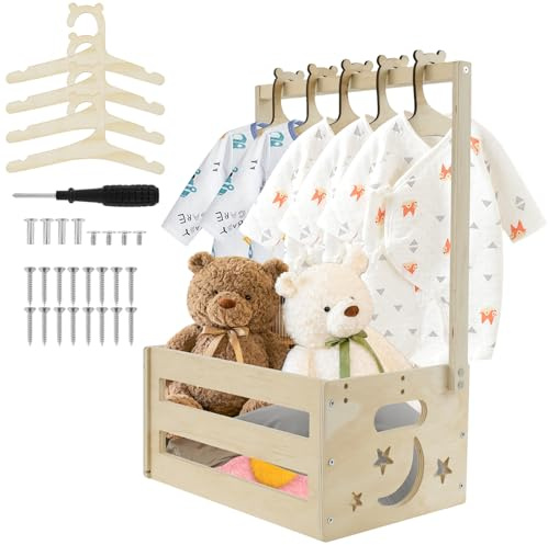 Caffney Baby Shower Crate Closet, Wooden Baby Basket With 5 Hangers,Baby Storage Crate Decorative Basket with Handle Baby Clothes Rack for Baby Shower Pregnancy New Parent Gifts