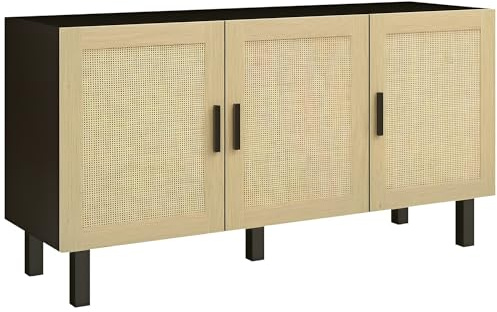 HOMCOM Meuble de rangement buffet rotin avec placard à portes effet cannage, étagères réglables, style bohème, armoire de rangement pour salon, cuisine, chambre, 136 x 41 x 70 cm, noir et bois naturel
