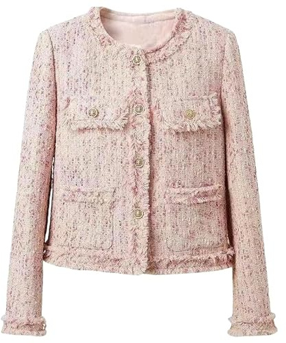 JYHBHMZG Veste en tweed à franges bleues romantiques pour femme Col rond Automne, rose 1, S