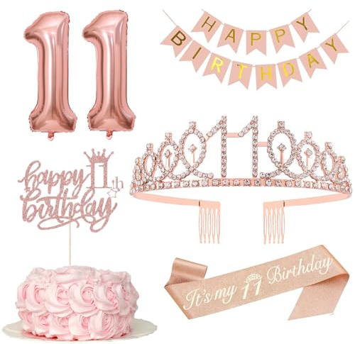 Decorazione per 11 compleanno ragazza, 11° compleanno corona e fascia, striscione Happy Birthday, decorazione torta e candele, palloncino in pellicola oro rosa 11, regalo di compleanno per 11 anni