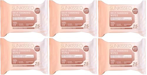 Sunkissed Self-Tanning 25 Wipes, Enriched with Vitamin E, Natural Looking Tan, Biodegradeble Wipes, Dermatologically Tested (Pack of 6)