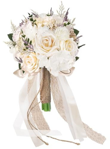 Lawnrden Wedding Bouquets for Bride, Wedding Bouquets for Bride, Throw Toss Artificial Rose Bouquet, White Champagne Bridal Bouquet for Bridesmaid Ceremony & Anniversary