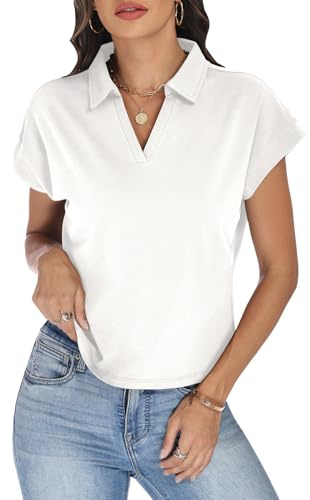JDWZSI Women's Cap Sleeve Crop Tops Collared V Neck T Shirts Boxy Short Sleeve Polo Shirts Summer Basic Tees Fashion Clothes White