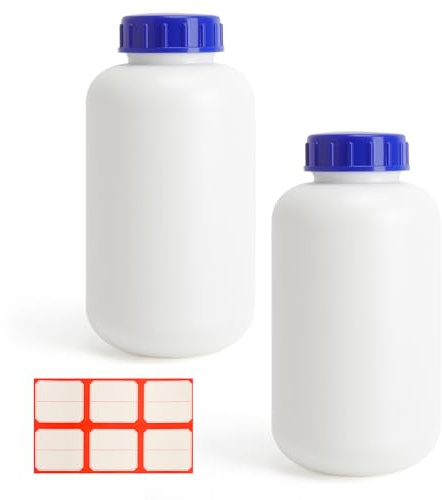 Bred halsflaska 1 000 ml laboratorieflaska 1 000 ml HDPE-flaska plastflaska, set om 2 bred hals flaska plast med skruvlock läckagesäker livsmedelssäker med etikett för kök laboratorium verkstad