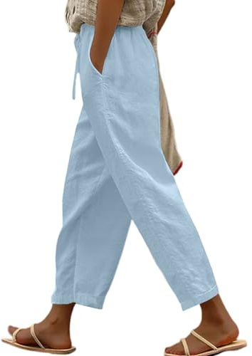Yutdeng Womens Cotton Cropped Linen Trousers Summer Casual Elasticated Waist Pants with Pockets Drawstring Lightweight Comfy Loose Harem Trousers for Beach Joggers