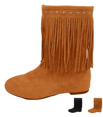 MASHANGGOU Women's Western Cowboy Boots, Fringe Knee High Wide Calf Boots for Women, Faux Suede Pull On Flat Heel Mid Calf Boots, Easier On & Off (Brown,35)