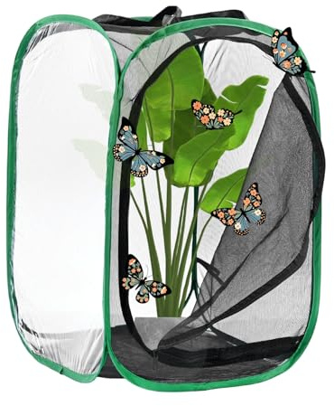 M METERXITY Butterfly Habitat Cage Terrarium, Outdoor Collapsible Mesh Pop-up with Zipper Protection for Breeding Butterfly/Ladybug, Mesh Plant Enclosure [Black with Green, 24 x 16 x 16 Inch]