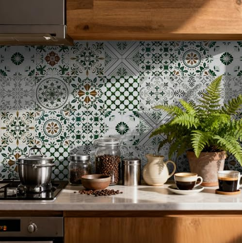 Tile Stickers for Kitchen 24 pcs Stick on Tiles Kitchen Bathroom Self | Adhesive Peel and Stick Wall Waterproof Oil-Proof (10cm x 10cm, 4x4inches) for Floor Stairs Furniture(GREEN WHITE)