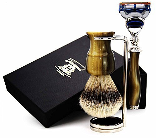 Haryali Horn Replica Men's 5 Edge Razor Badger Shaving Brush with Silver Tip and Razor Stand