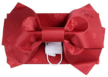 Japanese Traditional Pre-Tied OBI Belt Sakura Jacquard Weave Bow Tsukuri OBI Kimono Sash Yukata Robe Accessories (Red)