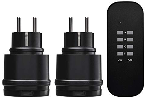 EMOS P0068 Juego inalámbricos, 2 enchufes Schuko para Exteriores + 1 Mando a Distancia, IP44 a Prueba de Salpicaduras, Alcance de 30 m, 3000 W, 250 V, Negro