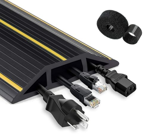 3 Cord Channels Cable Protector, 6 Ft (1.8 M) Floor Cable Cover with Fastening Wire Organizer—Flexible Cuttable Wire Hider Kit Ideal for Office, Home, Warehouse, Garage
