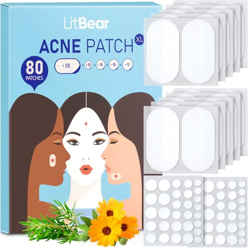 LitBear Acne Pimple Spot Patches for Large Zit Breakouts, Acne Patches for Face, Chin or Body, Acne Spot Treatment with Tea Tree & Calendula Oil, Hydrocolloid (80 Patches)