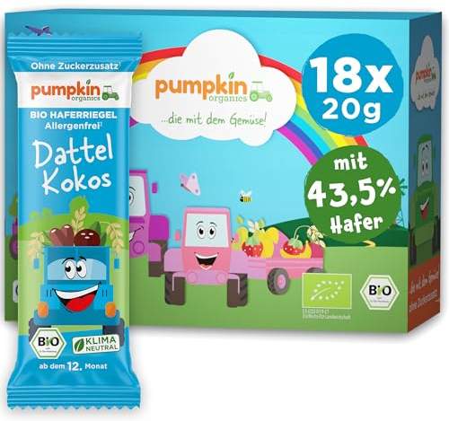 Pumpkin Organics Bio Haferriegel Dattel Kokos (18x20g) Haferriegel ohne Zuckerzusatz¹ ab dem 12. Monat - allergenfreie² und glutenfreie³ Baby- und Kindersnacks