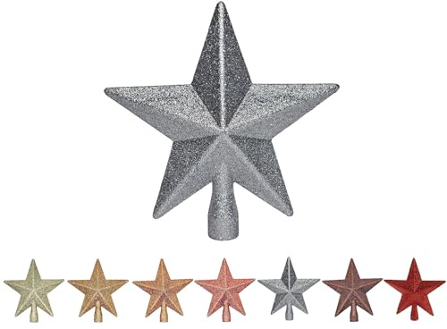 Puntale per albero di Natale in argento, puntale a forma di stella, decorazione natalizia, ornamenti di Natale, decorazione per albero di Natale, decorazione in plastica con glitter, circa 18 cm