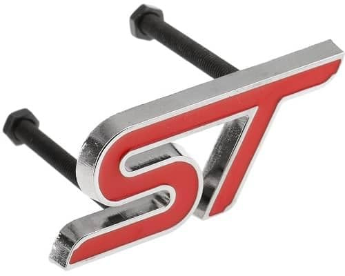 AUTOZOCO Insignia ST Line para Parrilla Coche, Emblema ST Line Parrilla, Insignia Diseño de Coche ST Line, Compatible con Ford, Aleación de Metal, Medidas 8 x 3.5 cm, Rojo y Plateado