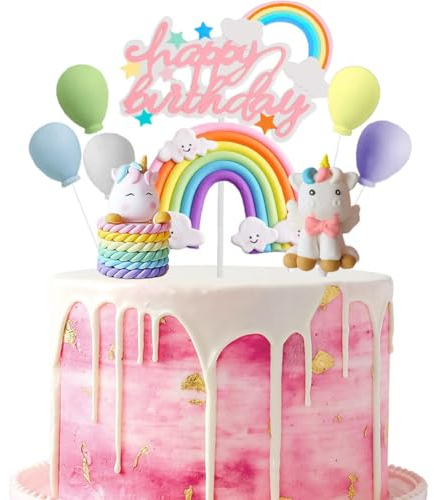 Jxuzh Décoration de gâteau d'anniversaire licorne pour fille – Décoration de gâteau avec macaron, Happy Birthday, arc-en-ciel et ballons multicolores – Décoration de gâteau