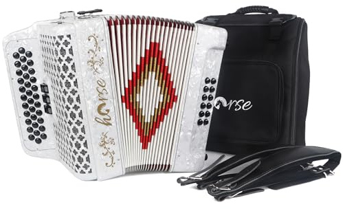 Horse 34 Key Accordion, FBE 12 Bass 3 Row, Made of Celluloid Louder & Clearer Timbre than Plastic,Accordions Instrument for Adults,W/Luxury Backpack,Straps,34 Buttons Acordeón Acordeones Para Adultos